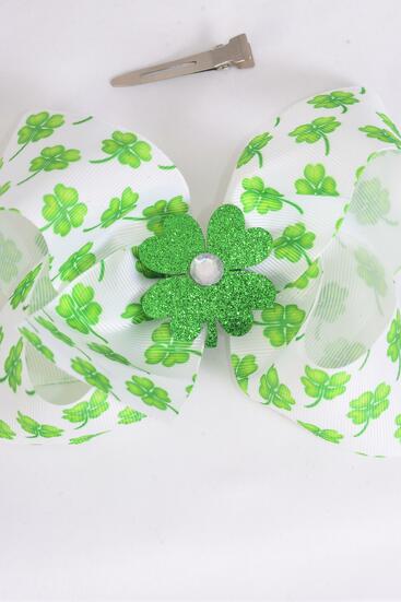 Hair Bow Jumbo Clover Stripes Mix Grosgrain Bow-tie / 12 pcs Bow = Dozen Alligator Clip , Size - 6" x 5" Wide , Clip Strip & UPC Code