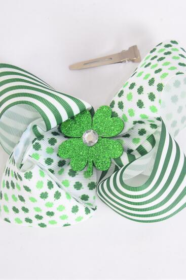 Hair Bow Jumbo Clover Stripes Mix Grosgrain Bow-tie / 12 pcs Bow = Dozen Alligator Clip , Size - 6" x 5" Wide , Clip Strip & UPC Code
