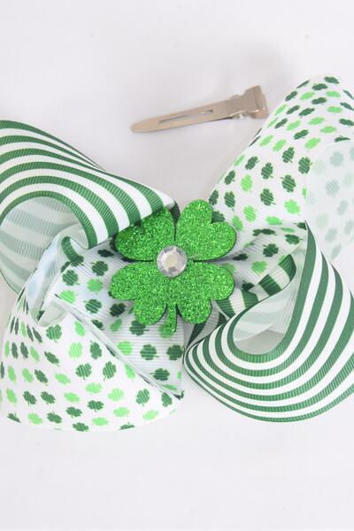 Hair Bow Jumbo Clover Stripes Mix Grosgrain Bow-tie / 12 pcs Bow = Dozen Alligator Clip , Size - 6" x 5" Wide , Clip Strip & UPC Code