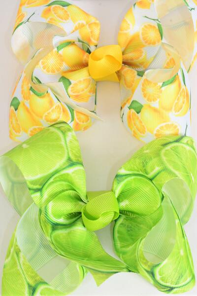 Hair Bow Jumbo Lemon Lime Mix Grosgrain Bow-tie / 12 pcs Bow = Dozen Alligator Clip , Size - 6" x 5" Wide , 6 of each Pattern , Clip Strip & UPC Code