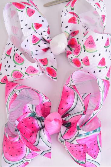 Hair Bow Jumbo Watermelon Grosgrain Bow-tie / 12 pcs Bow = Dozen Alligator Clip , Size - 6" x 5" Wide , 6 of each Pattern , Clip Strip & UPC Code