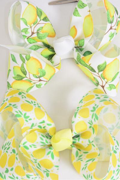 Hair Bow Jumbo Lemon Mix Grosgrain Bow-tie /  12 pcs Bow = Dozen Lemon , Alligator Clip , Size - 6" x 5" Wide , 6 of each Pattern Asst , Clip Strip & UPC Code