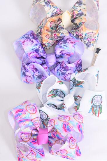 Hair Bow Jumbo Dream Catcher Grosgrain Bowtie / 12 pcs Bow = Dozen Dream Catcher , Alligator Clip , Size - 6" x 5" Wide , 3 Of each Pattern Asst , Clip Strip & UPC Code