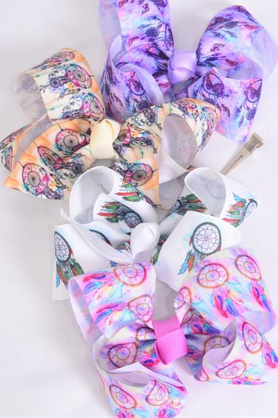 Hair Bow Jumbo Dream Catcher Grosgrain Bowtie / 12 pcs Bow = Dozen Dream Catcher , Alligator Clip , Size - 6" x 5" Wide , 3 Of each Pattern Asst , Clip Strip & UPC Code