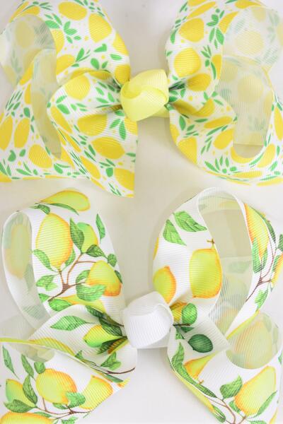 Hair Bow Jumbo Lemon Mix Grosgrain Bow-tie /  12 pcs Bow = Dozen Lemon , Alligator Clip , Size - 6" x 5" Wide , 6 of each Pattern Asst , Clip Strip & UPC Code