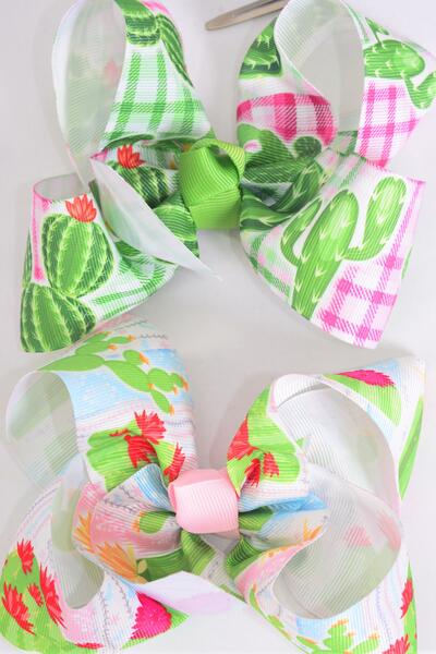 Hair Bow Jumbo Cactus Plaid Grosgrain Bow-tie / 12 pcs Bow = Dozen  Cactus , Alligator Clip , Size - 6" x 5" Wide , 6 Of each Pattern Asst , Clip Strip & UPC Code