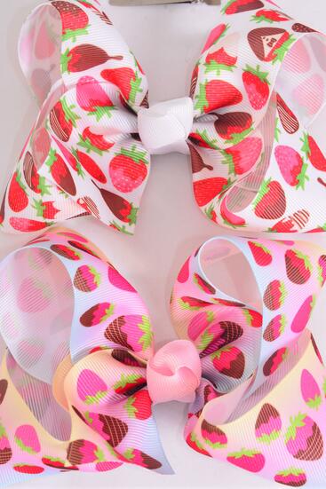 Hair Bow Jumbo Strawberry Grosgrain Bow-tie / 12 pcs Bow = Dozen Alligator Clip , Size - 6" x 5" Wide , 6 of each Pattern , Clip Strip & UPC Code
