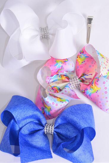 Hair Bow Jumbo Denim Unicorn White Bow Mix Grosgrain Bow-tie / 12 pcs Bow = Dozen Alligator Clip , Size - 6" x 5" Wide , 4 Of each Pattern Asst , Clip Strip & UPC Code