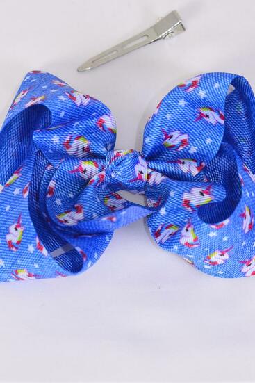 Hair Bow Jumbo Denim Print Unicorn Grosgrain Bow-tie / 12 pcs Bow = Dozen Alligator Clip , Size - 6" x 5" Wide , Clip Strip & UPC Code