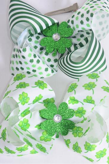 Hair Bow Jumbo Clover St Patrick Grosgrain Bow-tie / 12 pcs Bow = Dozen Alligator Clip , Size - 6" x 5" Wide , 6 of each Pattern Asst , Clip Strip and UPC Code