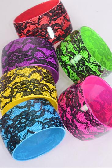 Bracelet Bangle Acrylic Wide Flower Multi / 12 pcs = Dozen Size - 2.75" x 1.75" Dia Wide , 2 of each Color Asst , Hang tag & OPP Bag & UPC Code