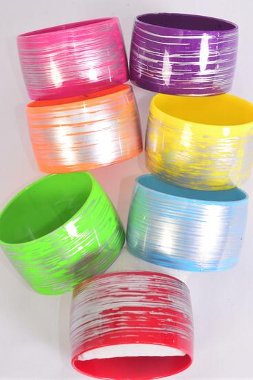 Bracelet Bangle Acrylic Wide Brush Stroke Multi / 12 pcs = Dozen  Plus Size , Size - 3" x 2" Wide , 2 Red , 2 Purple , 2 Yellow , 2 Fuchsia , 2 Blue , 1 Lime , 1 Orange Mix , Hang Tag & OPP Bag & UPC Code