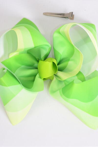 Hair Bow Extra Jumbo Cheer Type Bow Gradient Tiedye Grosgrain Bow-tie Lime Green / 12 pcs Bow = Dozen  Alligator Clip , Size - 8" x 7" Wide , Clip Strip & UPC Code