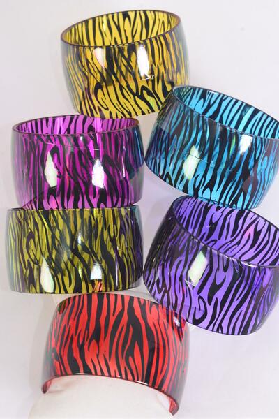 Bracelet Bangle Acrylic Wide Transparent Zebra Print / 12 pcs  = Dozen  Multi , Size - 2.75" x 1.75" Dia Wide , 2 of each Color Asst ,hang Tag & OPP bag & UPC Code 