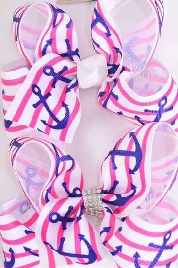 Hair Bow Jumbo Nautical Anchor Grosgrain Bow-tie / 12 pcs Bow = Dozen  Anchor , Alligator Clip , Size - 6" x 5" Wide , Clip Strip & UPC Code