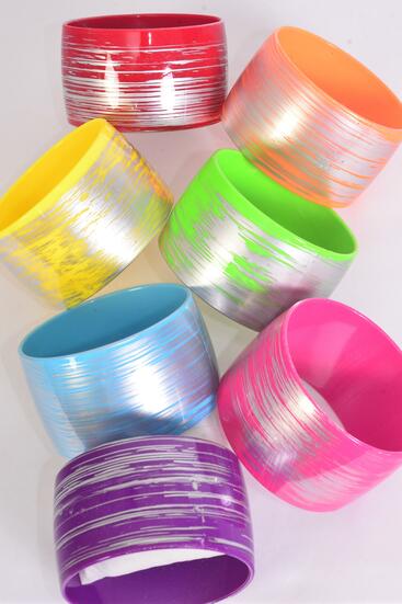 Bracelet Bangle Acrylic Wide Brush Stroke Multi / 12 pcs = Dozen  Plus Size , Size - 3" x 2" Wide , 2 Red , 2 Purple , 2 Yellow , 2 Fuchsia , 2 Blue , 1 Lime , 1 Orange Mix , Hang Tag & OPP Bag & UPC Code