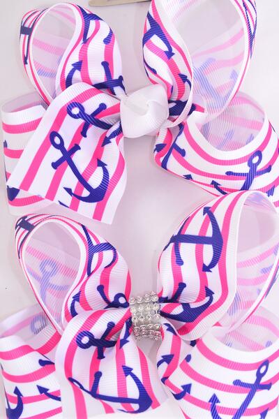 Hair Bow Jumbo Nautical Anchor Grosgrain Bow-tie / 12 pcs Bow = Dozen  Anchor , Alligator Clip , Size - 6" x 5" Wide , Clip Strip & UPC Code