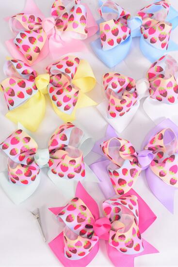 Hair Bow Jumbo Double Layered Strawberry Grosgrain Bow-tie Pastel / 12 pcs Bow = Dozen Alligator Clip , Size - 6 "x 5" Wide , 2 White , 2 Pearl Pink , 2 Lavender , 2 Hot Pink , 2 Mint Green , 1 Blue , 1 Yellow Mix , Clip Strip & UPC Code