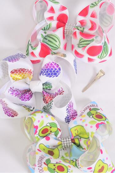Hair Bow JumboTropical Fruit Pineapple Watermelon Avocadorable Mix Grosgrain Bow-tie / 12 pcs Bow = Dozen Alligator Clip , Size - 6" x 5" Wide , 4 Of Each Pattern Asst , Clip Strip and UPC Code
