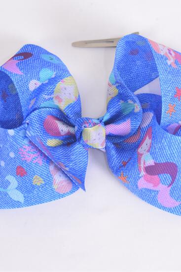 Hair Bow Jumbo Denim Print Under the Sea Mermaid Grosgrain Bow-tie /  12 pcs Bow = Dozen Denim , Alligator Clip , Size - 6" x 5" Wide , Clip Strip & UPC Code