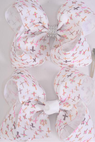 Hair Bow Jumbo Cross Bible Religion Inspired Grosgrain Bow-tie / 12 pcs Bow = Dozen  Cross , Alligator Clip , Size - 6" x 5" Wide , 6 Of Each Pattern Asst , Clip Strip and UPC Code