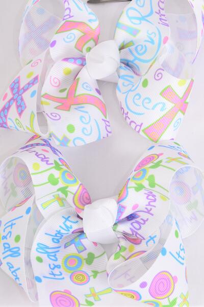 Hair Bow Jumbo Jesus Loves Me Grosgrain Bow-tie / 12 pcs Bow = Dozen Cross , Alligator Clip , Size - 6" x 5" Wide , 6 of each Pattern Asst , Clip Strip and UPC Code