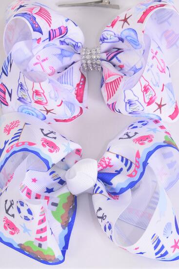Hair Bow Jumbo Nautical Anchor Grosgrain Bow-tie /  12 pcs Bow = Dozen  Alligator Clip , Size - 6" x 5" Wide , 6 Of Each Pattern Asst , Clip Strip and UPC Code