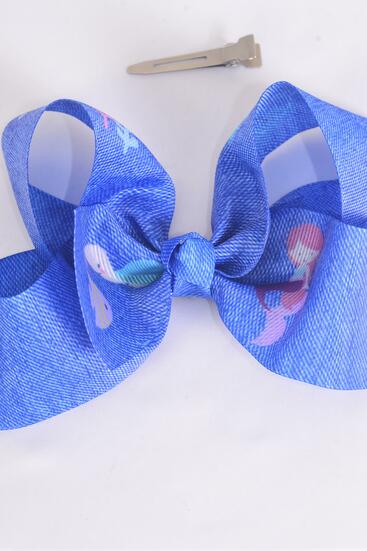 Hair Bow Jumbo Denim Print Under the Sea Mermaid turtle Jelly Fish Coral Reef etc Grosgrain Bow-tie /  12 pcs Bow = Dozen Alligator Clip , Size - 6" x 5" Wide , Clip Strip & UPC Code