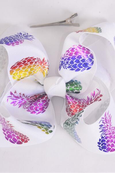 Hair Bow Pineapple Iridescent Holographic Grosgrain Bow-tie / 12 pcs Bow = Dozen Pineapple , Holographic , Alligator Clip , Size - 4" x 3" Wide , Clip Strip & UPC Code