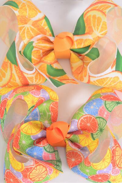 Hair Bow Jumbo Fruit Orange Citrus Mix Grosgrain Bow-tie / 12 pcs Bow = Dozen Alligator Clip , Size - 6" x 5" Wide , 6 of each Pattern , Clip Strip & UPC Code