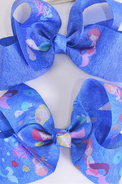 Hair Bow Jumbo Denim Print Under the Sea Mermaid Grosgrain Bow-tie / 12 pcs Bow = Dozen Denim , Alligator Clip , Size - 6" x 5" Wide , 6 of each Pattern Asst , Clip Strip & UPC Code