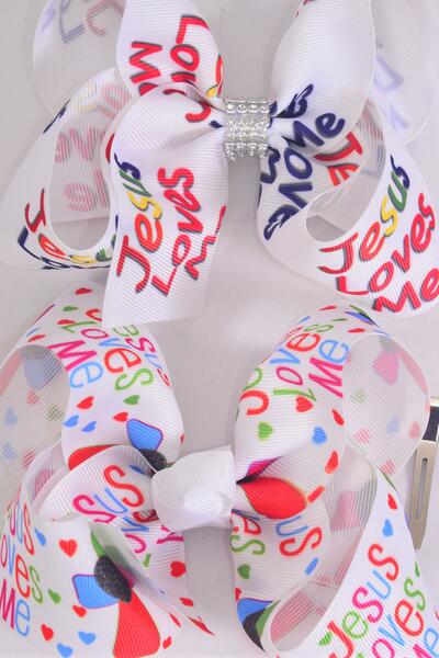 Hair Bow Jumbo Jesus Loves Me Grosgrain Bow-tie / 12 pcs Bow = Dozen   Alligator Clip , Size - 6" x 5" Wide , 6 of each Pattern Asst , Clip Strip and UPC Code