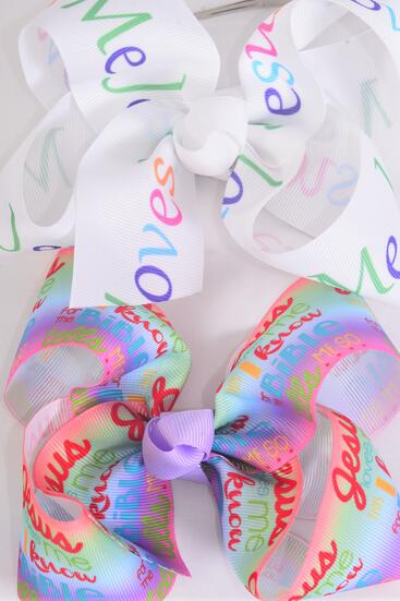 Hair Bow Jumbo I Know Jesus Loves Me Grosgrain Bow-tie / 12 pcs Bow = Dozen Alligator Clip , Size - 6" x 5" Wide , 6 of each Pattern Asst , Clip Strip and UPC Code