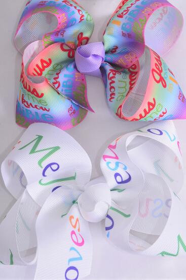 Hair Bow Jumbo I Know Jesus Loves Me Grosgrain Bow-tie / 12 pcs Bow = Dozen Alligator Clip , Size - 6" x 5" Wide , 6 of each Pattern Asst , Clip Strip and UPC Code