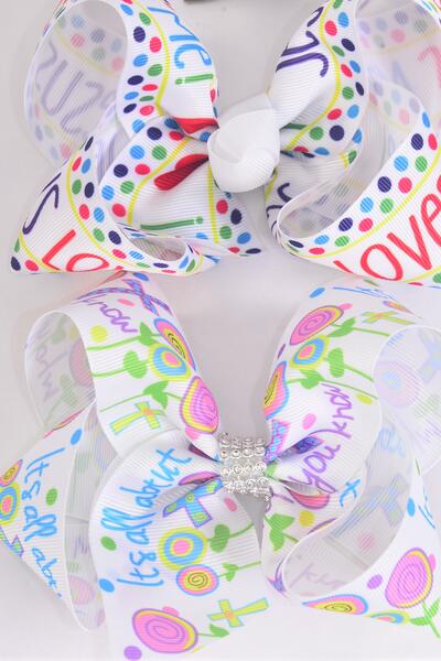 Hair Bow Jumbo Jesus Loves Me Cross Hair Bow Grosgrain Bow-tie /  12 pcs Bow = Dozen  Alligator Clip , Size - 6" x 5" Wide , 6 of each Pattern Asst , Clip Strip and UPC Code