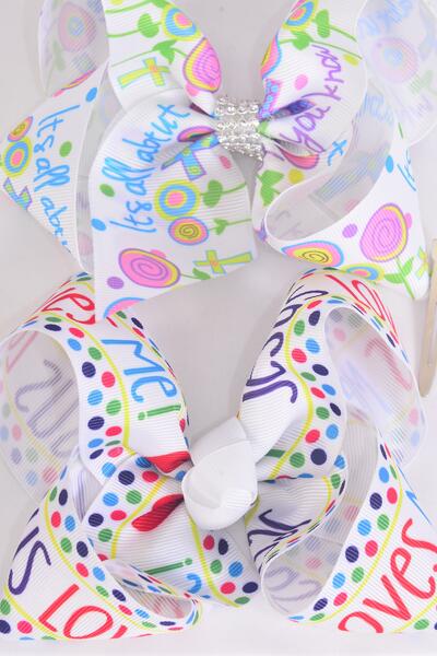 Hair Bow Jumbo Jesus Loves Me Cross Hair Bow Grosgrain Bow-tie /  12 pcs Bow = Dozen  Alligator Clip , Size - 6" x 5" Wide , 6 of each Pattern Asst , Clip Strip and UPC Code