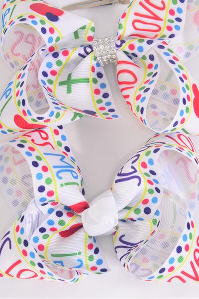 Hair Bow Jumbo Jesus Loves Me Grosgrain Bow-tie / 12 pcs Bow = Dozen  Alligator Clip , Size - 6" x 5" Wide , Clip Strip and UPC Code