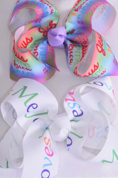 Hair Bow Jumbo I Know Jesus Loves Me Grosgrain Bow-tie / 12 pcs Bow = Dozen Alligator Clip , Size - 6" x 5" Wide , 6 of each Pattern Asst , Clip Strip and UPC Code