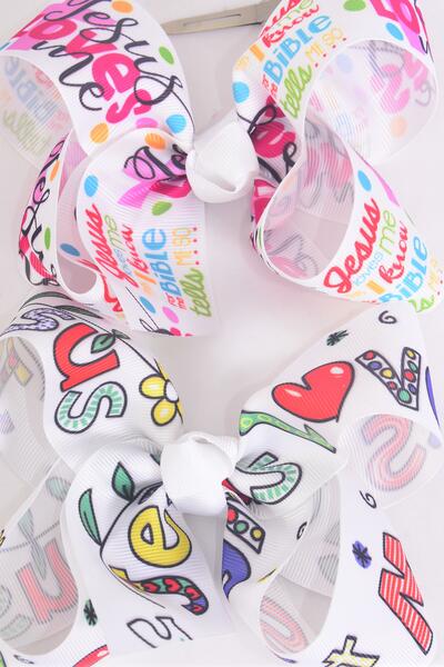Hair Bow Jumbo Jesus Loves Me Grosgrain Bow-tie /  12 pcs Bow = Dozen  Alligator Clip , Size - 6" x 5" Wide , 6 of each Pattern Asst , Clip Strip and UPC Code