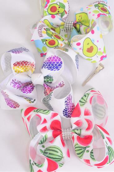 Hair Bow JumboTropical Fruit Pineapple Watermelon Avocadorable Mix Grosgrain Bow-tie / 12 pcs Bow = Dozen Alligator Clip , Size - 6" x 5" Wide , 4 Of Each Pattern Asst , Clip Strip and UPC Code