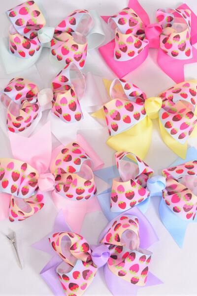 Hair Bow Jumbo Double Layered Strawberry Grosgrain Bow-tie Pastel / 12 pcs Bow = Dozen Alligator Clip , Size - 6 "x 5" Wide , 2 White , 2 Pearl Pink , 2 Lavender , 2 Hot Pink , 2 Mint Green , 1 Blue , 1 Yellow Mix , Clip Strip & UPC Code