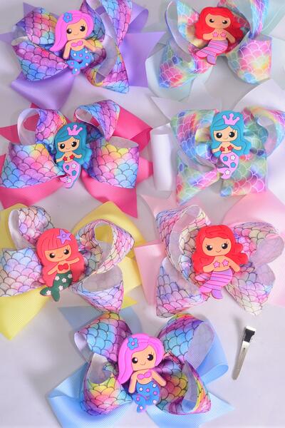 Hair Bow Jumbo Double Layered Mermaid Charm Grosgrain Bow-tie Pastel / 12 pcs Bow = Dozen  Alligator Clip , Size - 6" x 5" Wide ,2 White ,2 Pink ,1 Blue ,1 Yellow ,2 Lavender ,2 Hot Pink ,2 Mint Green Color Asst , Clip Strip & UPC Code
