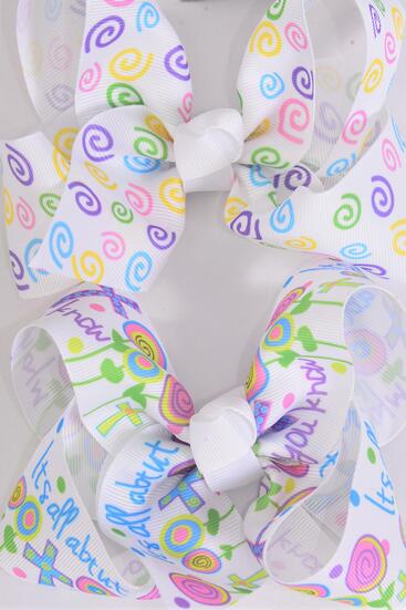 Hair Bow Jumbo Jesus Loves Me Spiral Flower Mix Hair Bow Grosgrain Bow-tie / 12 pcs Bow = Dozen   Jesus , Alligator Clip , Size - 6" x 5" Wide , 6 Of Each Pattern Asst , Clip Strip and UPC Code