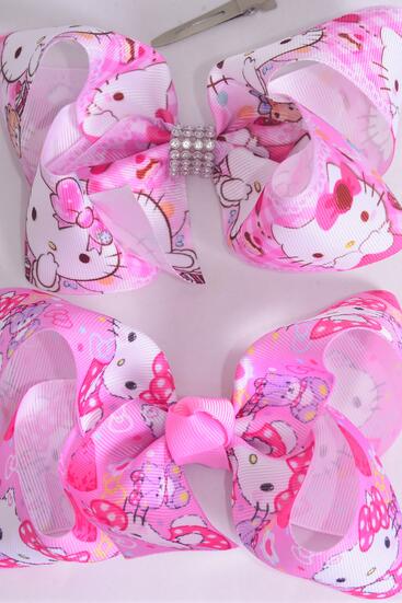 Hair Bow Jumbo Cute Kitty Grosgrain Bow-tie / 12 pcs Bow = Dozen Alligator Clip , Size - 6" x 5" Wide , 6 Of Each Pattern Asst , Clip Strip & UPC Code