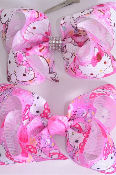 Hair Bow Jumbo Cute Kitty Grosgrain Bow-tie / 12 pcs Bow = Dozen Alligator Clip , Size - 6" x 5" Wide , 6 Of Each Pattern Asst , Clip Strip & UPC Code