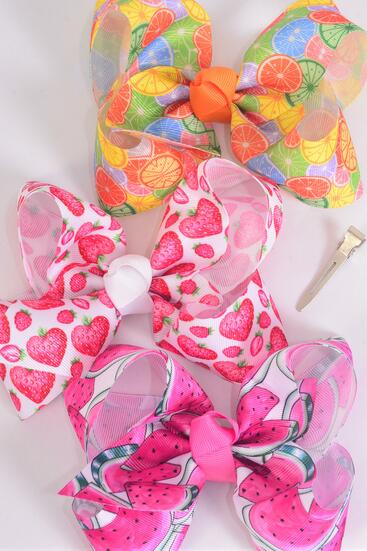 Hair Bow Jumbo Fruits Grosgrain Bow-tie / 12 pcs Bow = Dozen Alligator Clip , Size - 6" x 5 Wide , 4 of each Pattern Asst , Clip Strip & UPC Code