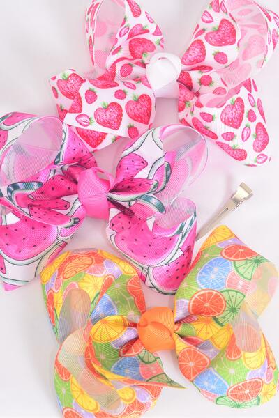 Hair Bow Jumbo Fruits Grosgrain Bow-tie / 12 pcs Bow = Dozen Alligator Clip , Size - 6" x 5 Wide , 4 of each Pattern Asst , Clip Strip & UPC Code