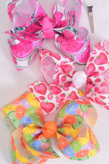 Hair Bow Jumbo Fruits Orange Strawberry Watermelon Pattern Mix Grosgrain Bow-tie / 12 pcs Bow = Dozen Alligator Clip , Size - 6" x 5 Wide , 4 of each Pattern Asst , Clip Strip & UPC Code
