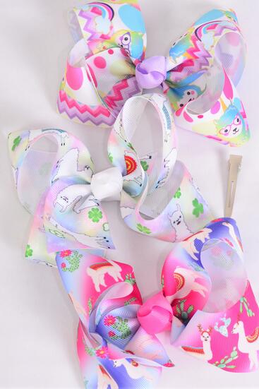 Hair Bow Jumbo Llama Grosgrain Bow-tie / 12 pcs Bow = Dozen Llama , Alligator Clip , Size - 6" x 5" Wide , 4 Of each Pattern Asst , Clip Strip & UPC Code
