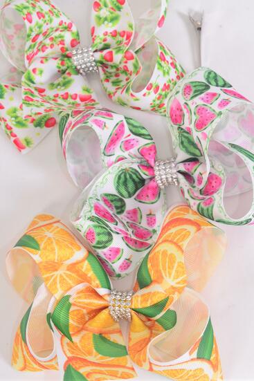 Hair Bow Jumbo Fruit Grosgrain Bow-tie / 12 pcs Bow = Dozen Alligator Clip , Size - 6" x 5 Wide , 4 of each Pattern Asst , Clip Strip & UPC Code